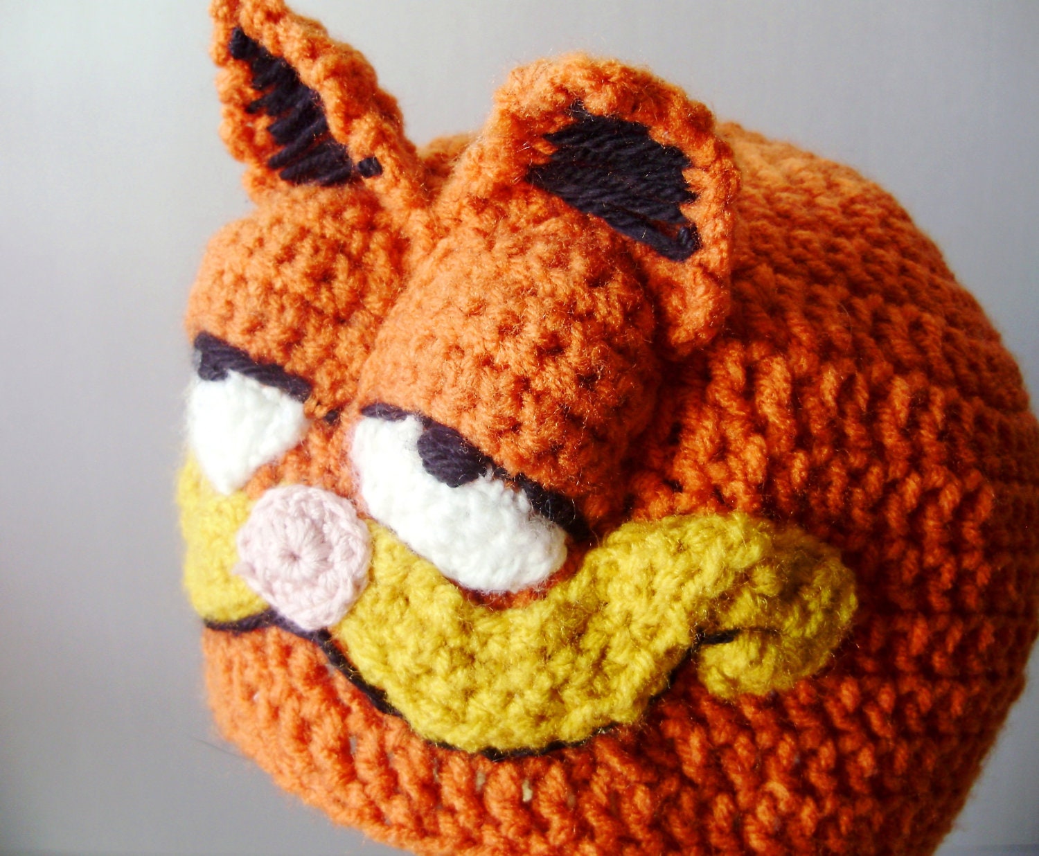 Crochet Hat - Retro Cartoon 3-D Cat Hat in Bright Orange with Ears and Snout for Children - Silly and Chunky Crochet Hat