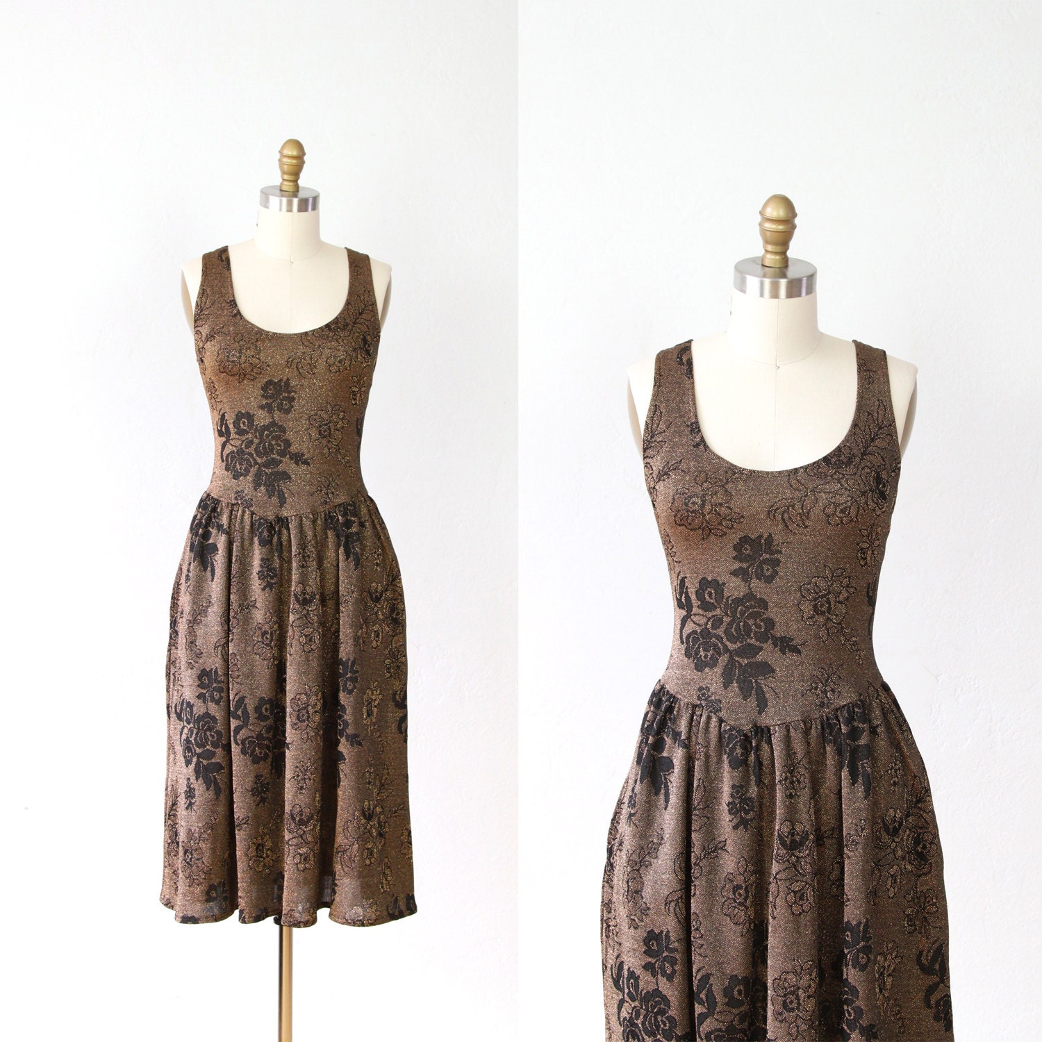 Metallic Flower Dress Copper Black Sparkle Stretch - XS
