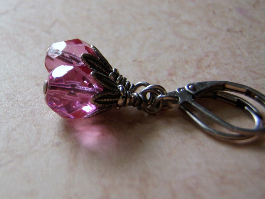 Rose Pink Earrings Antique Silver Lever Back Ear Wire