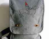 Gnome and Dachshund Messenger Bag--Field Bag-- Screen Printed Cotton Canvas- Smoke Grey-Under 30 Dollars