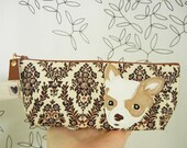 Billie Jean the Chihuahua Cream Tan Black Vintage Inspired Cotton Canvas Floral Case with Vinyl Applique