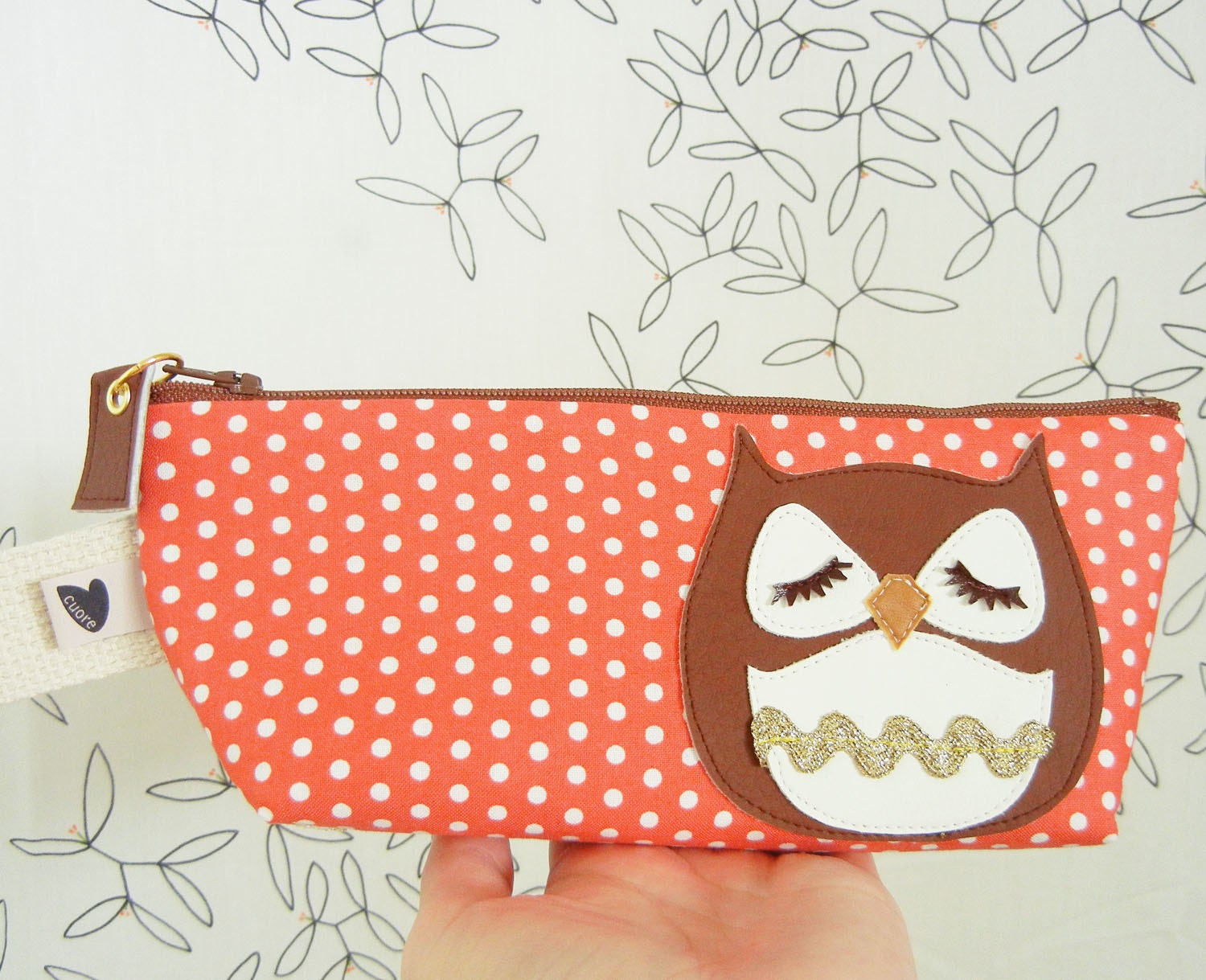 Stewart the Owl Strawberry Pink Polka Dots Cotton Canvas Case with Vinyl Applique