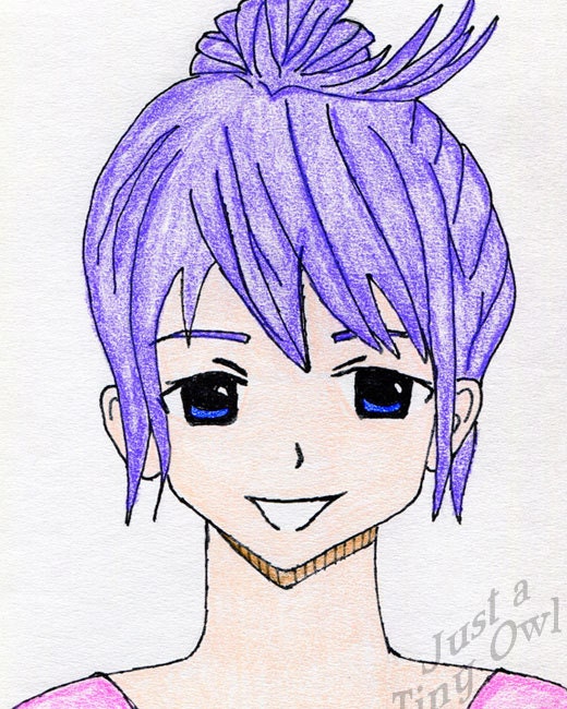 Purple Haired Girl Manga Drawing Print - 8x10