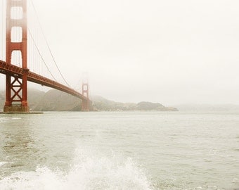 San Francisco Photograph, Golden Gate Bridge, California, Fog, Minimal, Travel Photography, Red, Winter White - Splash