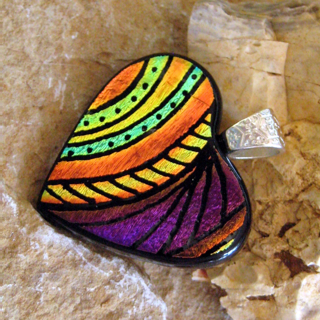 Dichroic Fused Glass Hand Etched Pendant, Fused Glass Heart Pendant - Heartfelt Memories