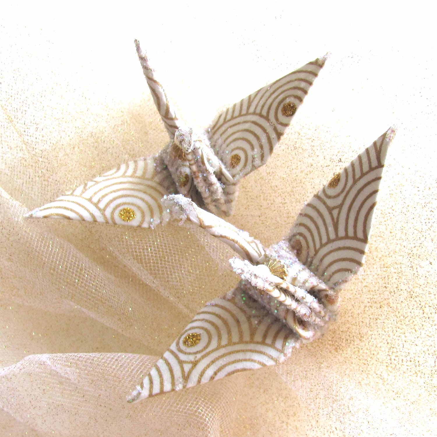 Scalloped Wedding Decoration Peace Crane Cake Topper Party Favor Origami Ornament Bird Japanese Paper Moon Gold