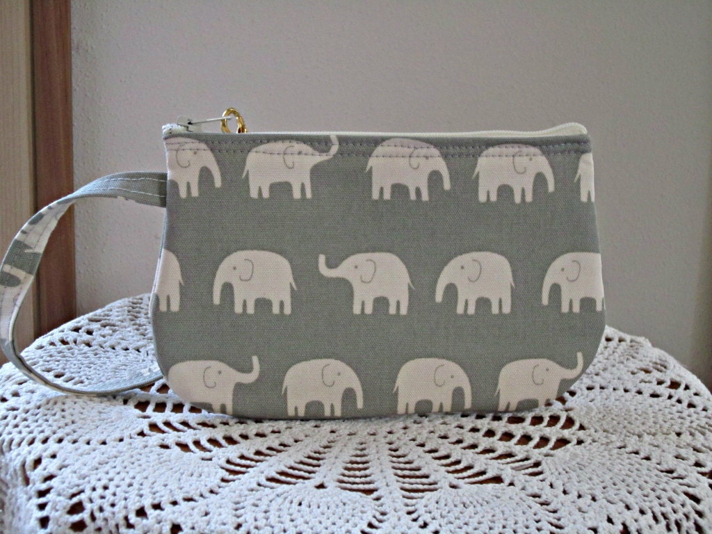 Clutch Wristlet Zipper Gadget Pouch White Elephants on Parade in Gray