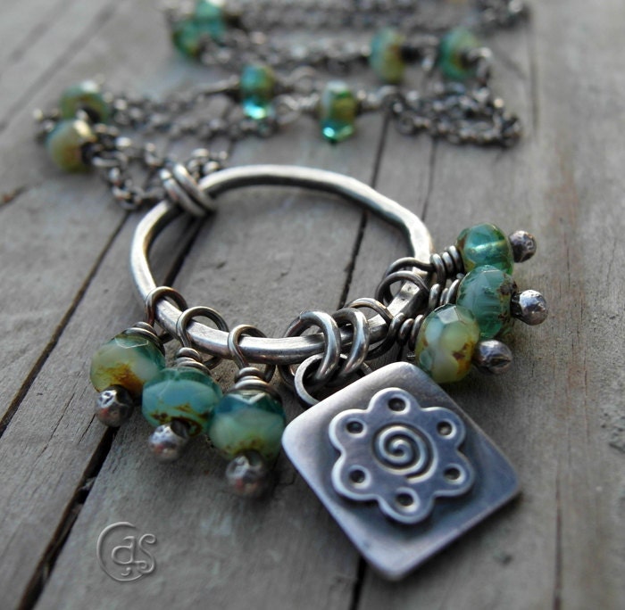 Silver Ring Necklace Flower Charm Ocean Blue Beaded Chain