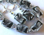 Silver and Black Bracelet and Earring Set  Lampwork Bracelet Set Swarovski Crystal Silver