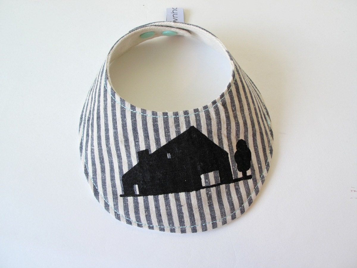 organic bib, small with house print and striped organic fabric.