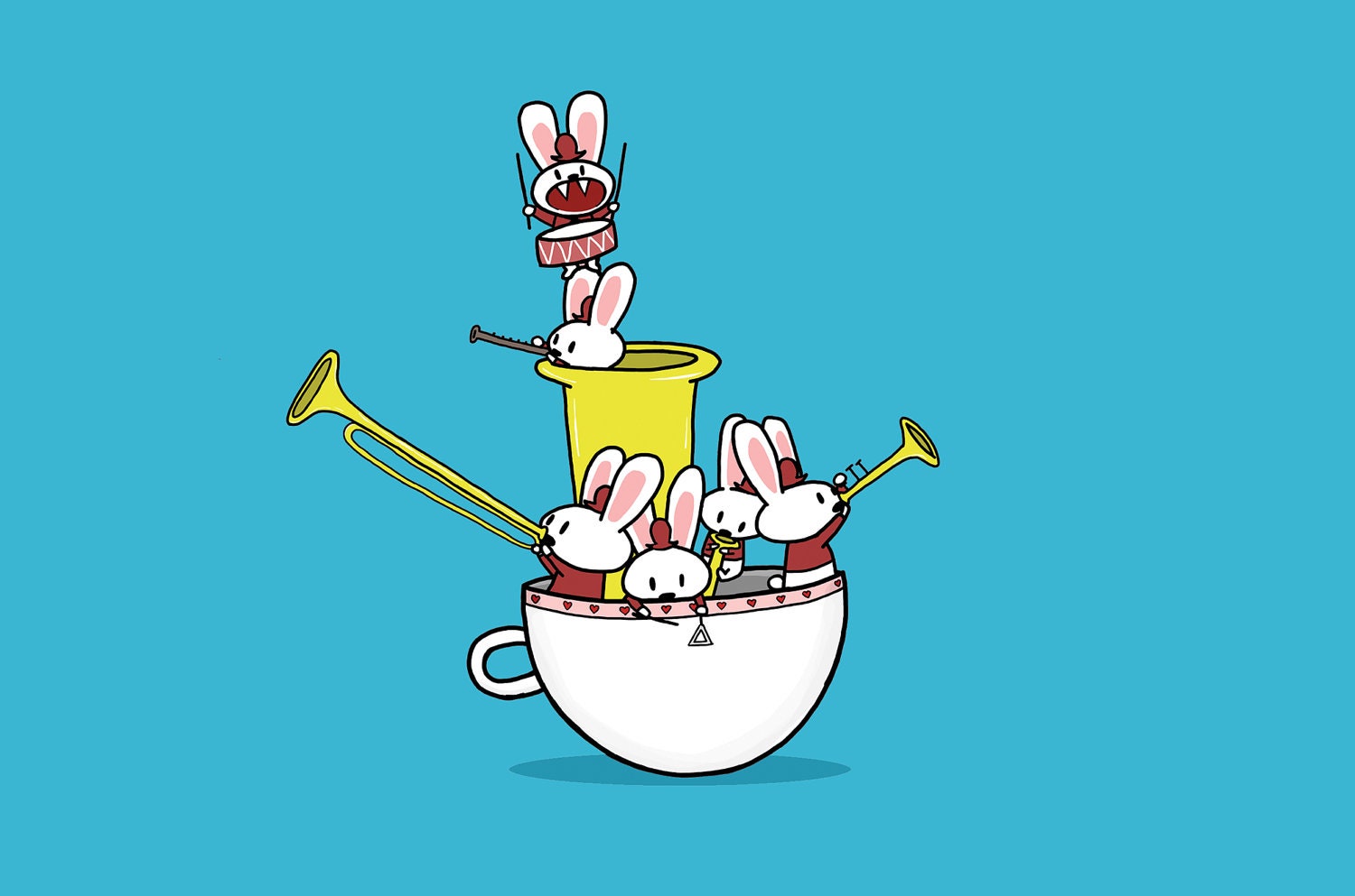 Teacup Bunny Band Greeting Card Blue Version