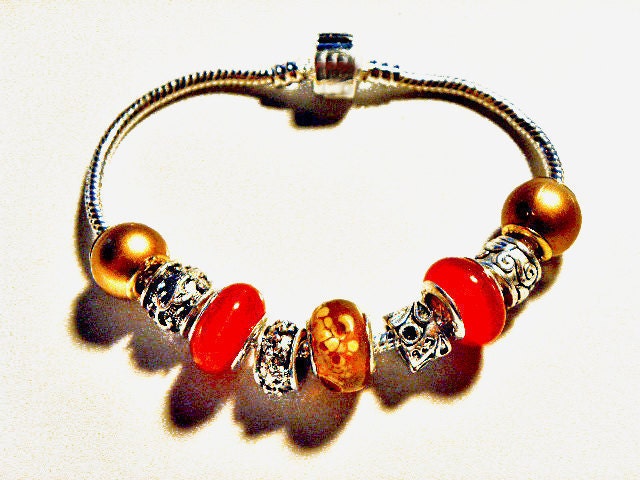 European Beads Bracelet orange lampwork PB580  Grad Graduation class of 2013