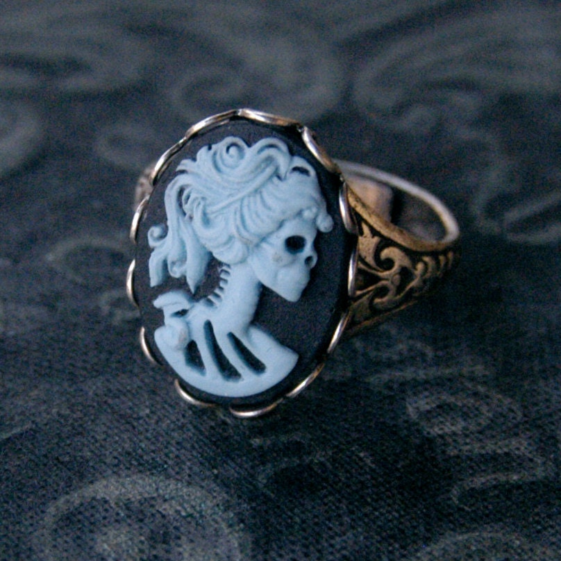 Skeleton Lady Cameo Ring- Blue and Silver