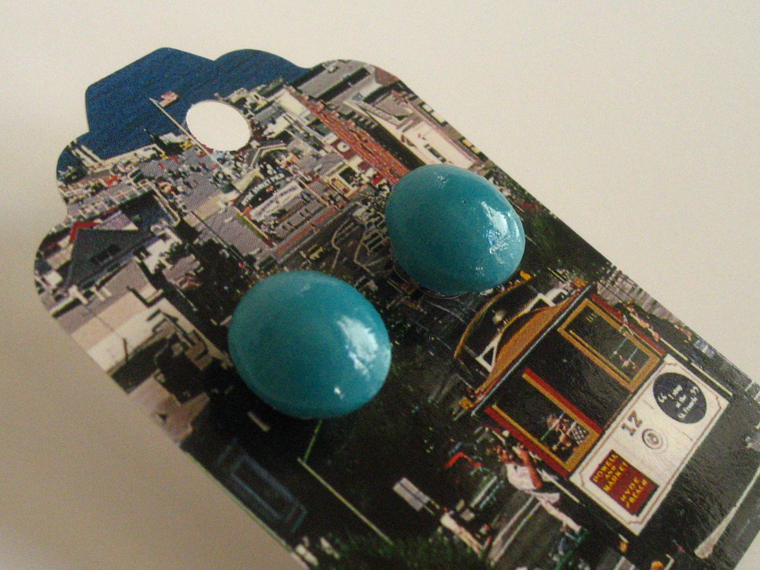 Bright Teal Blue Candy Button Wood Stud Earrings