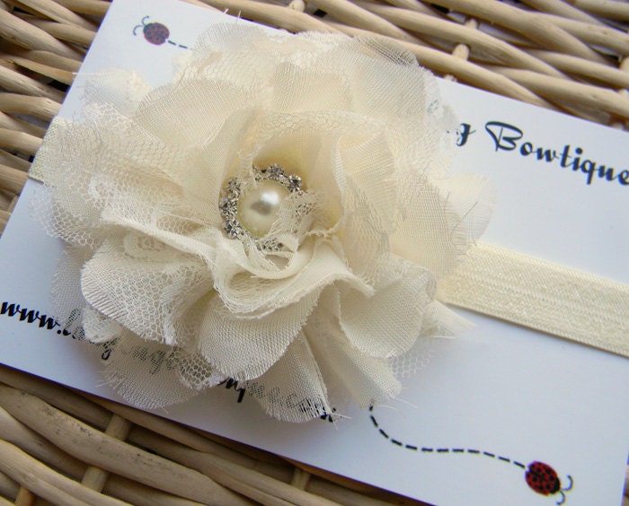 Large 4-Inch Shabby Chiffon and Lace Mesh Flower with Pearl Rhinestone Center on a Soft and Stretchy Elastic Headband - Custom Size - Ivory