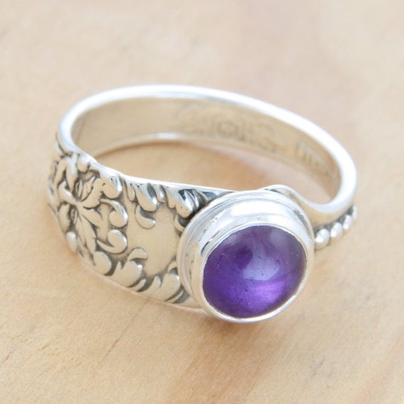Spoon Ring with Amethyst and Green Man Face, Upcycled Sterling Silver, Size 9