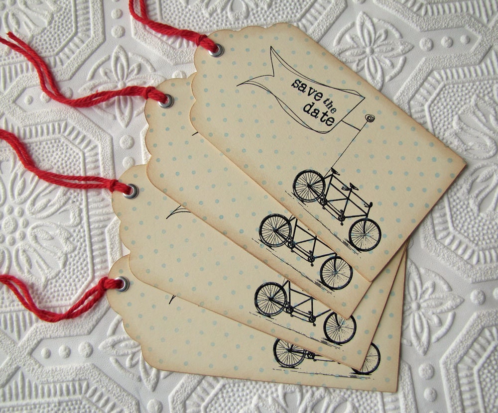 Vintage Wedding Save the Date Hinged Shipping Tags Tandem Bicycle
