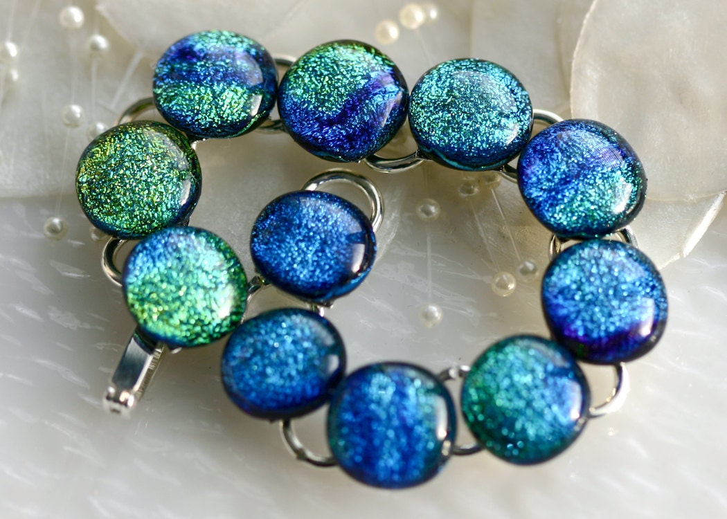 Blue Green Link Bracelet Dichroic Fused Glass