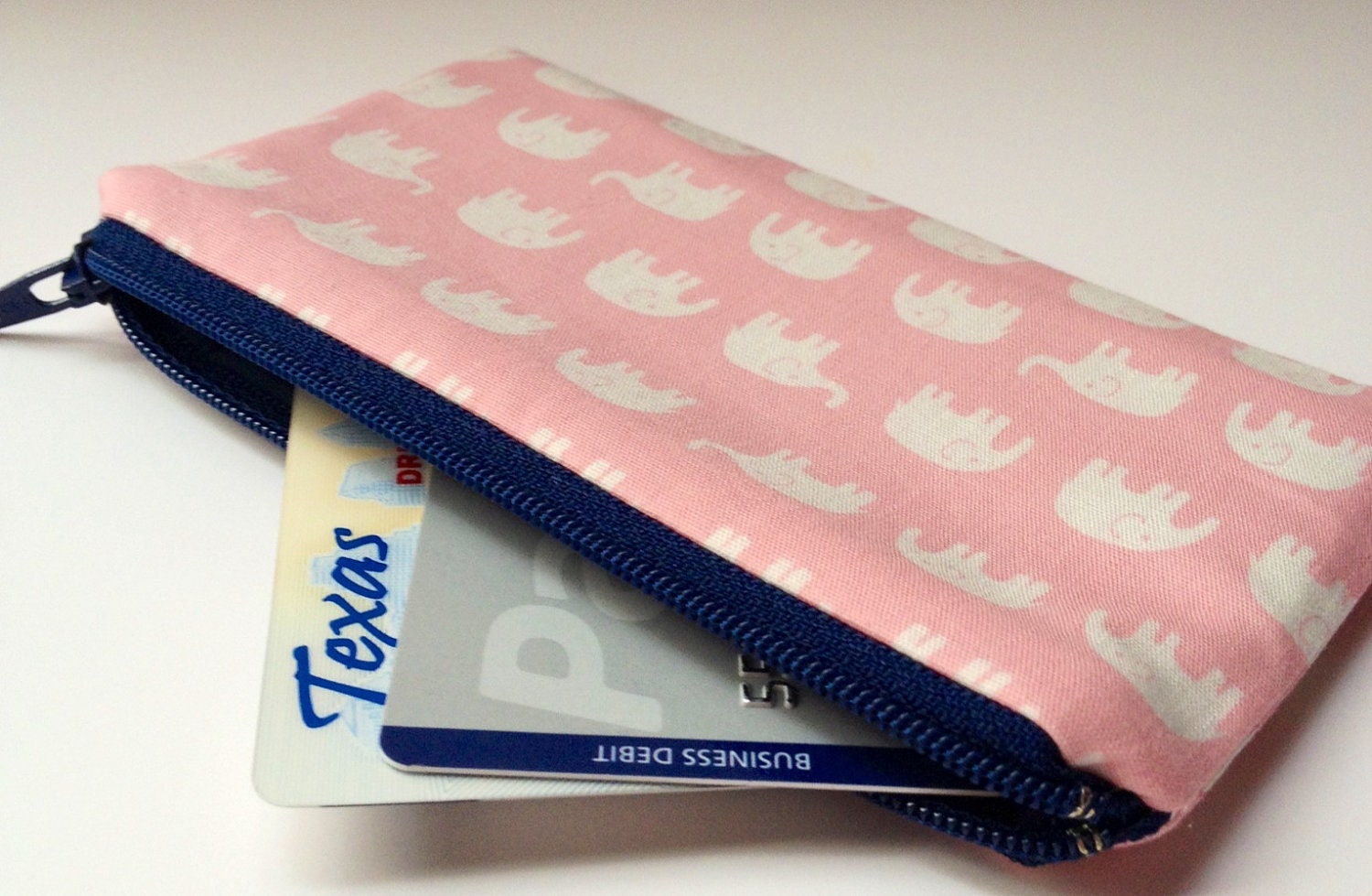 Zippered Coin Purse Wallet - Fabric Business Card Holder - Pink Elephants