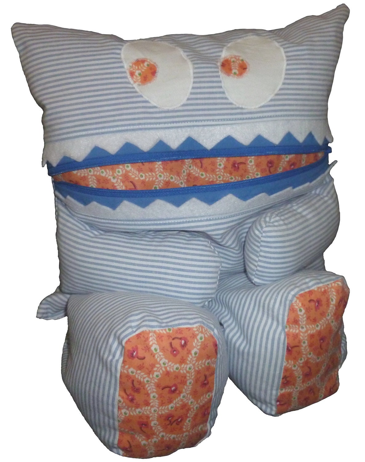 Pajama Eating Pillow Monster, PJ Eater, Blue Stripes, Peach Flowers