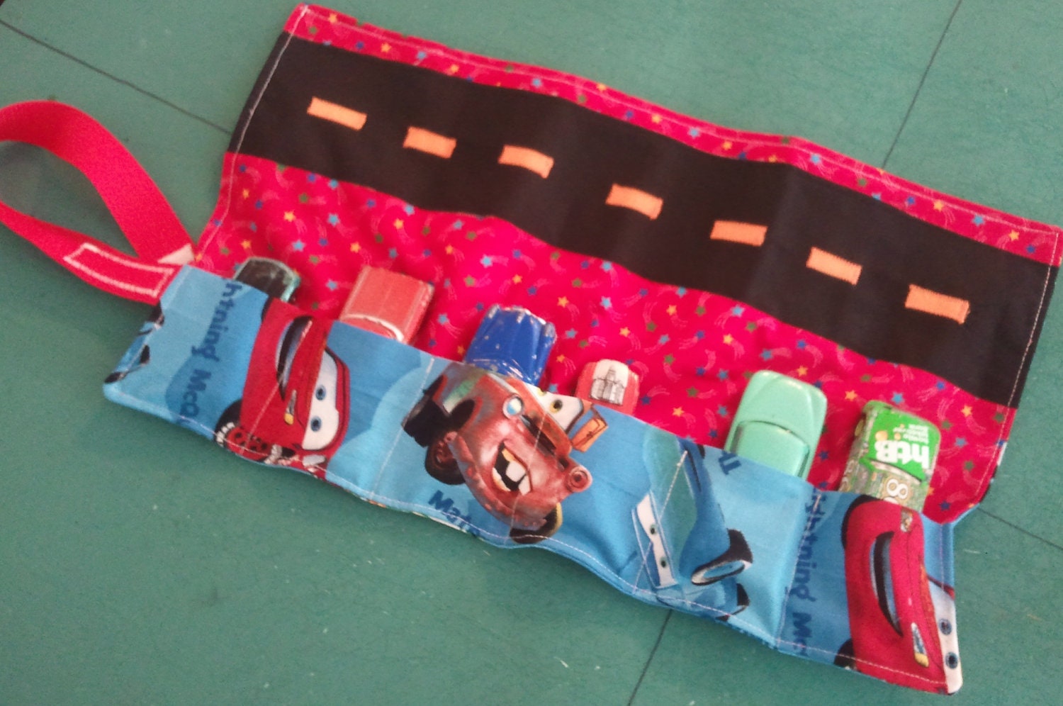 Car Travel Caddy Roll Up for 6 Matchbox or Hotwheels size cars - Blue CARS Lightning McQueen / Mater / Doc fabric