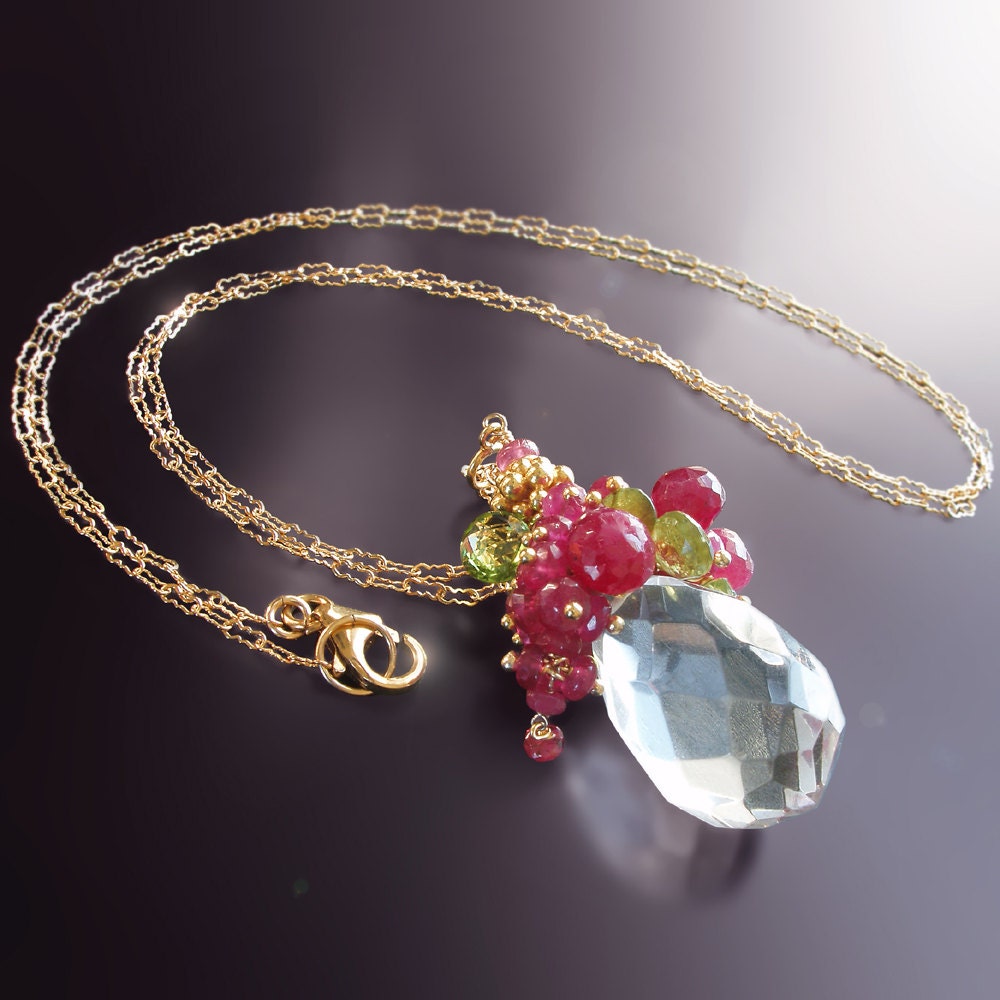 Ruby, Green Garnet, and Crystal Quartz Pendant