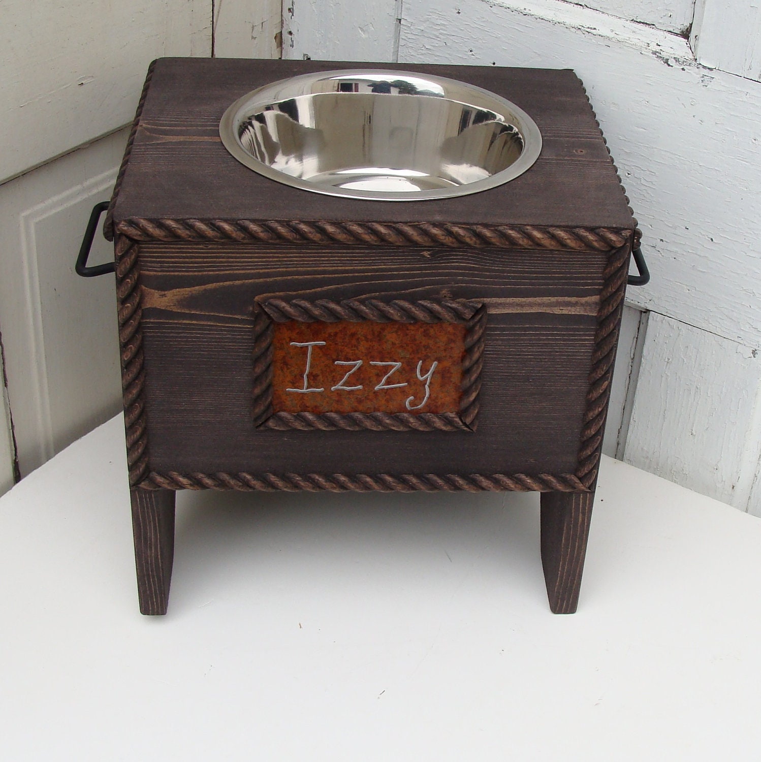 Personalized Dog Feeder Bowl Holder Pets Feeding Dish Single Bowl Feeder Custom Cat Dog Espresso Brown Custom