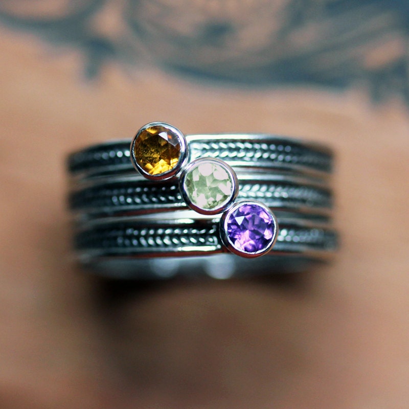 Silver stack rings - stackable mother ring - wheat braid texture - amethyst, citrine, peridot - oxidized - ready to ship