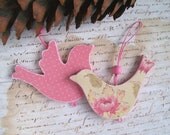 Pink love bird ornaments patterned decoupage / collage wood set of 2