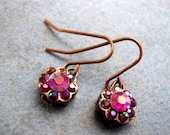 Flower Earrings, Fuschia Florets, Pink Rhinestone and Copper Dangle Earrings, FREE Shipping U.S.