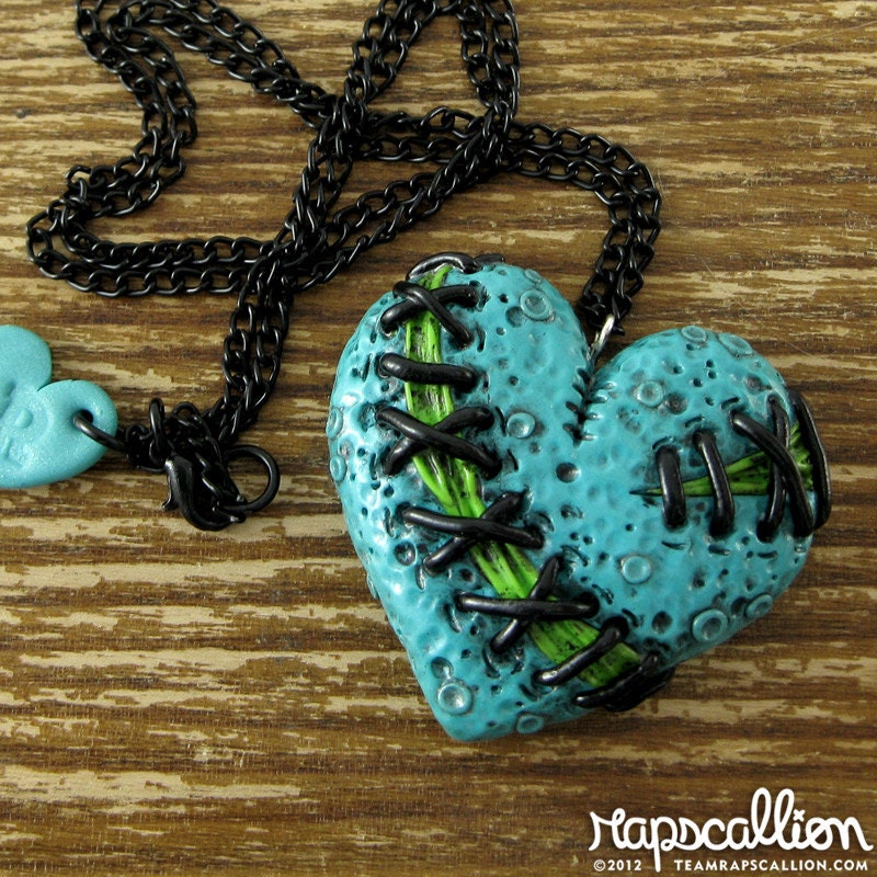 Stitched Zombie Heart Necklace - Teal