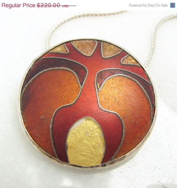15% OFF Christmas SALE Glass Enamel Cloisonne pendant in red orange and gold - prox
