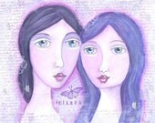 Friendship Mixed Media Art Print, Folk Art, Purple, Watercolor, Wall Art - Friends