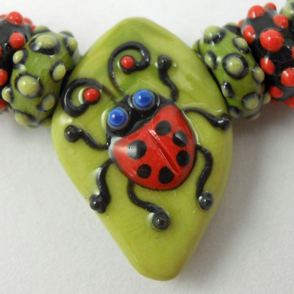 Ladybug on Leaf Bead - Handmade Porcelain Art Bead with Six Companion Beads