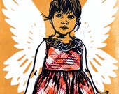 ANGEL WINGS Girl yellow plaid Print Linocut