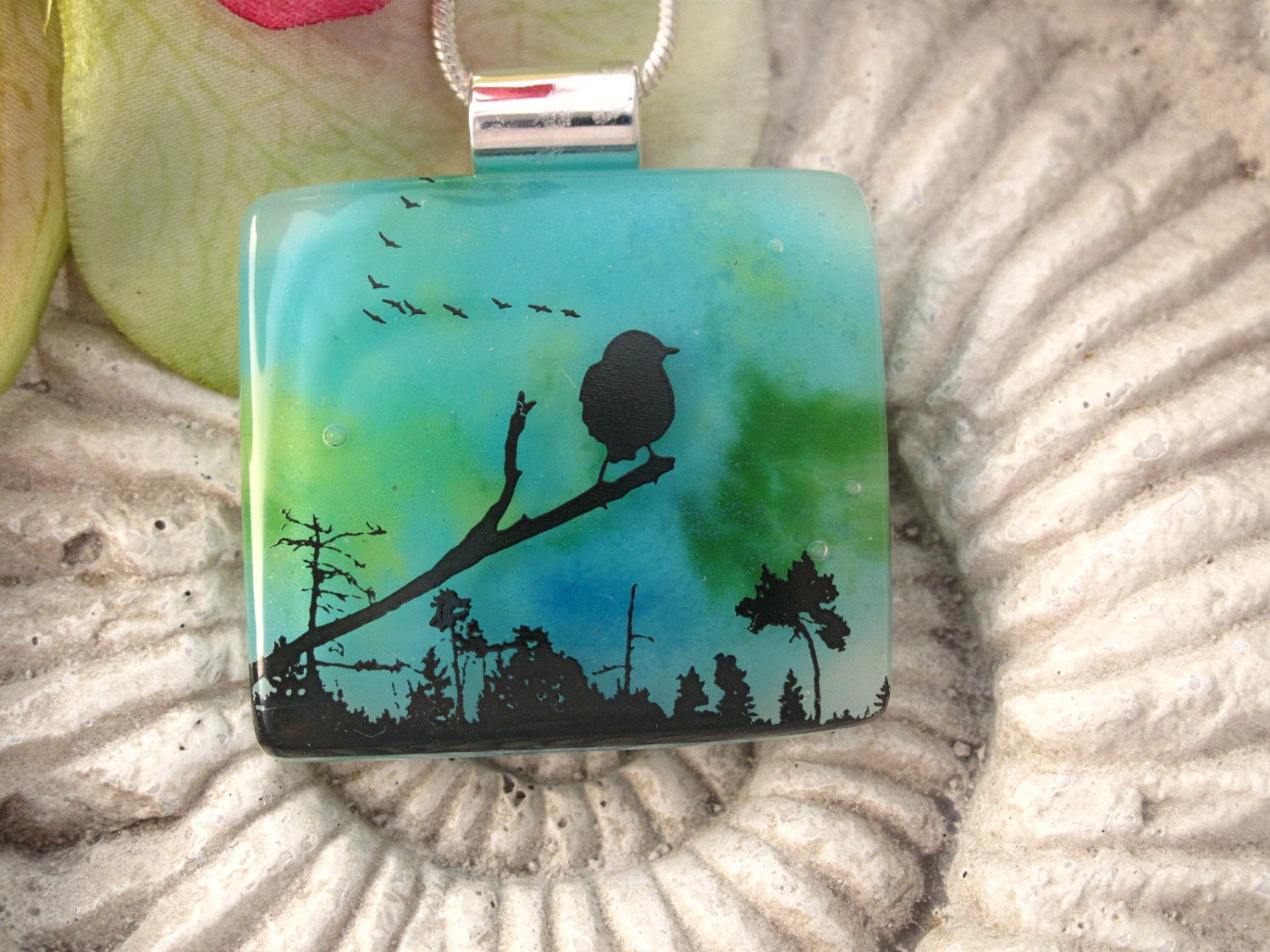 Bird Scene Necklace - Fused Dichroic Glass Jewelry -  Dichroic Glass Necklace - Naturee - Blue Green 100512p103