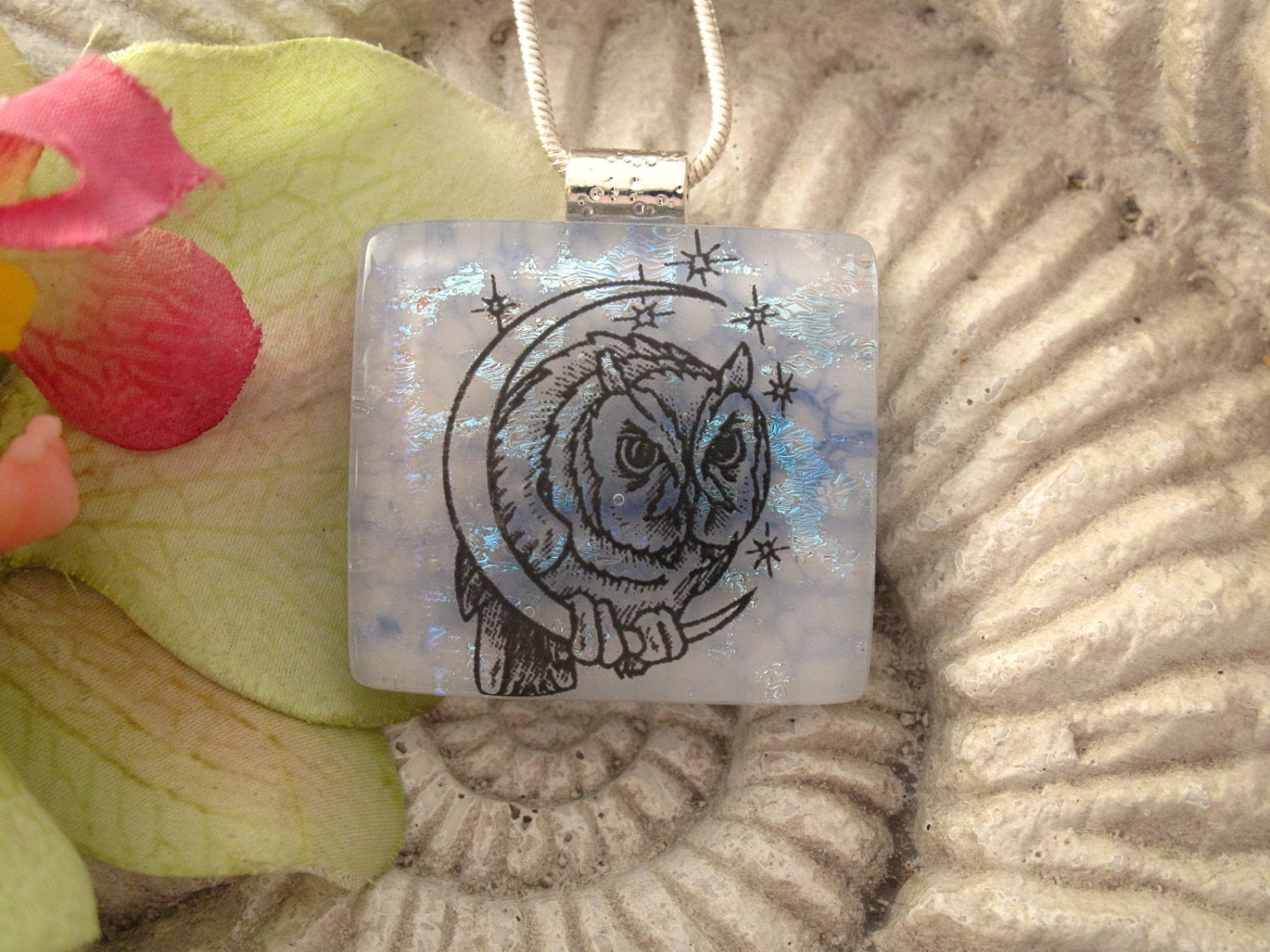 Owl Necklace - Dichroic Glass Pendant - Owl Tree  - Dichroic Fused Glass Jewelry - Necklace 111412p108