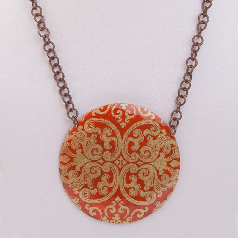 Tangerine and Gold Swirls Copper Circle Necklace