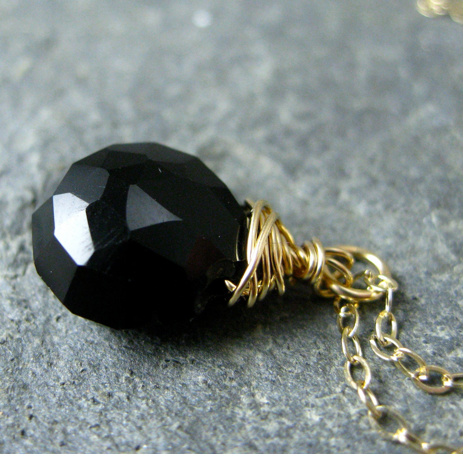 Raven Necklace Midnight Black Faceted Quartz Drop With 14k Gold Fill Gemstone Briolette Drop
