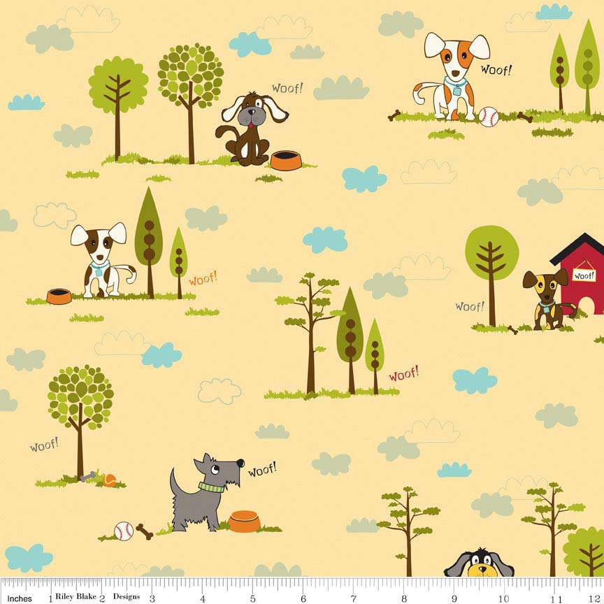 Riley Blake Designs, Bella Blvd, Puppy Park, Main Yellow Fabric - Half Yard
