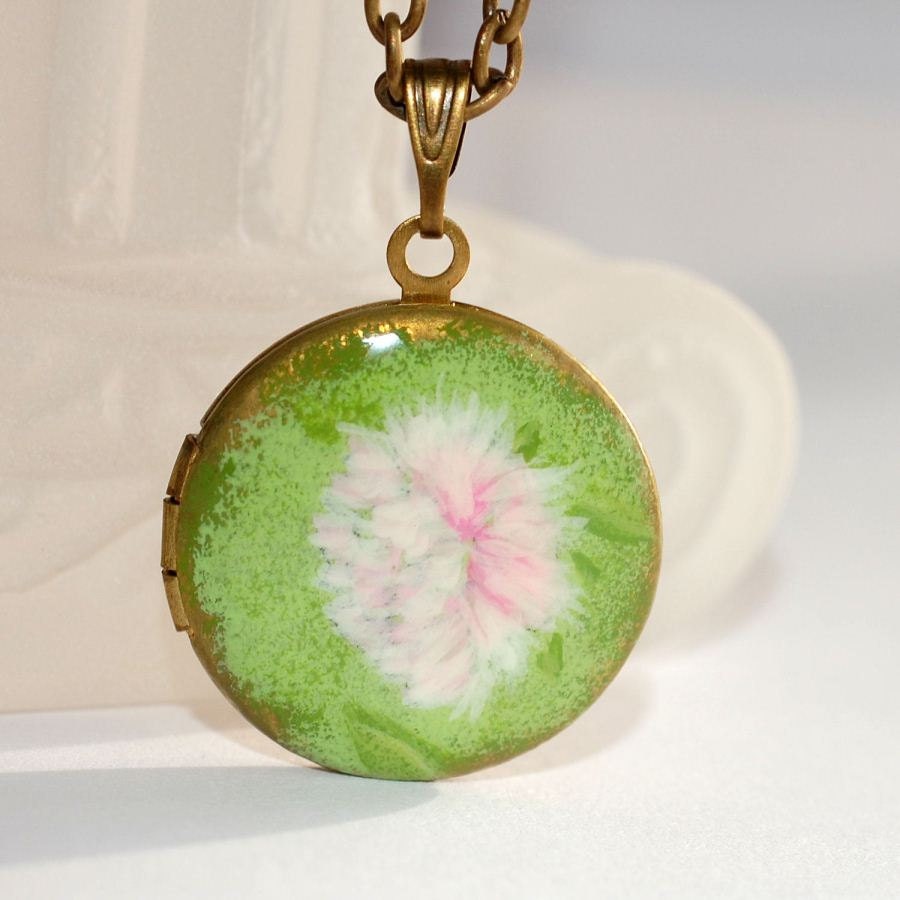 Pink Flower Locket Necklace Hand Painted Ooak Womens Art Jewelry