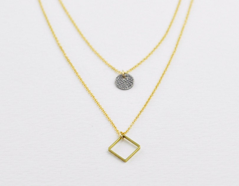 Diamond and dot - brass diamond and antique silver double layered gold necklace - modern jewelry  gift for her