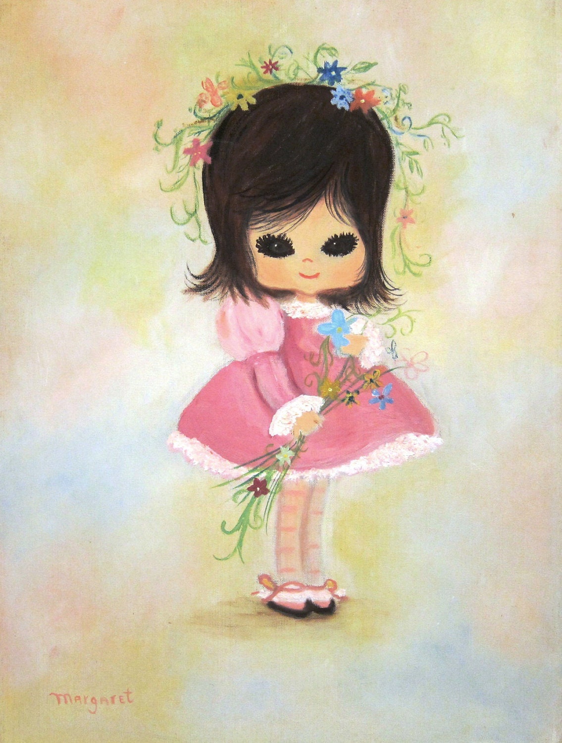 Vintage Big- Eyed Little Girl Painting- Pink Dress, Flowers, Brown Eyes, Eyelashes, Garland in Hair - coreymoortgat