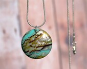 Landscape. Polymer clay pendant and chain. Medallion. Round. Nature inspired, organic. Teal green brown