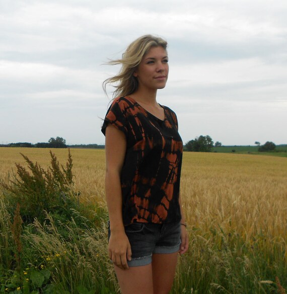 Slouch t-shirt, Box tee - Black modal bleached out, hand dyed