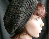 Slouchy Beanie in Dark Gray Tweed with Rainbow Flecks