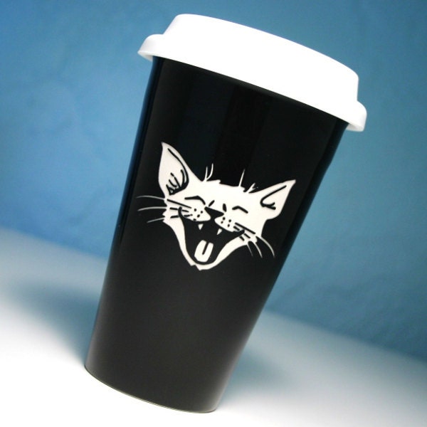 Ceramic Travel Mug - Laughing Cat - black lolcat to-go coffee cup