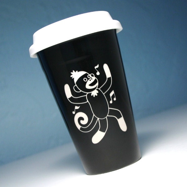 Sock Monkey Black Travel Mug - insulated ceramic to-go cup - soft BPA-free lid