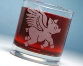 Flying Pig Lowball Glass - etched angel pig whiskey glass