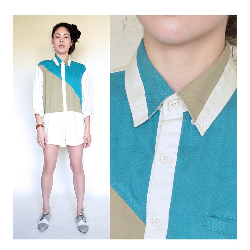 Vintage denim color block button down, available at Santoki Vintage on Etsy